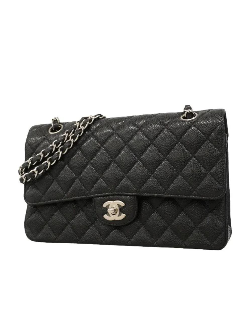 Chanel Shoulder Bag Quilted Caviar Leather Black Silver